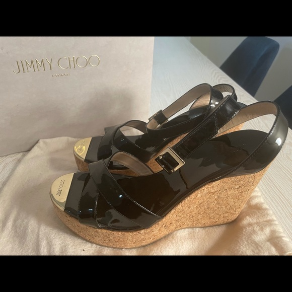 Jimmy Choo Papyrus Patent Cork Black Wedge Size 40 - Picture 5 of 11